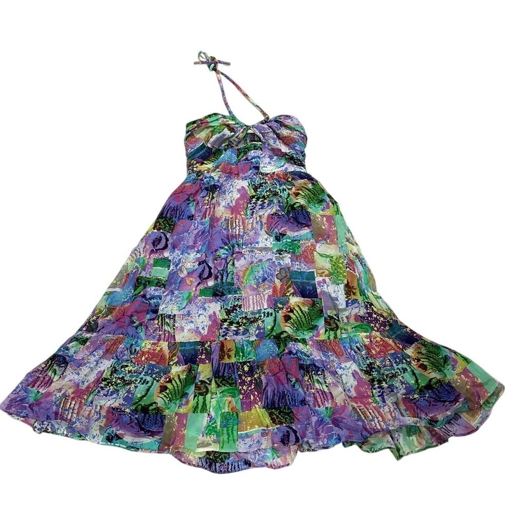 Gilner Farrar Small Halter Maxi Dress Abstract Watercolor Patchwork Contemporary